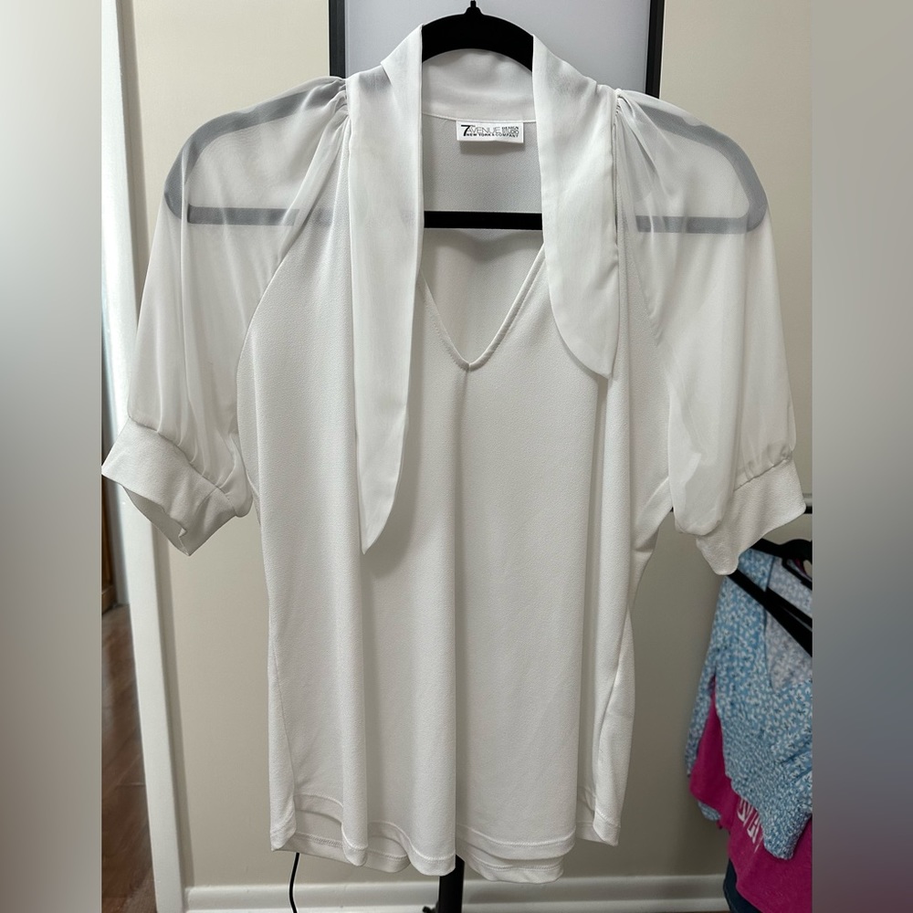 7th Av New York Women’s Short Sleeve White Tie Neck Blouse Size Small